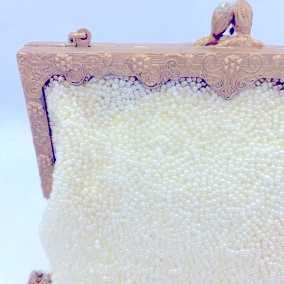 Vintage Ivory Seed Bead Beaded Evening Bag Beautiful Floral Design Newport News - Picture 5 of 13